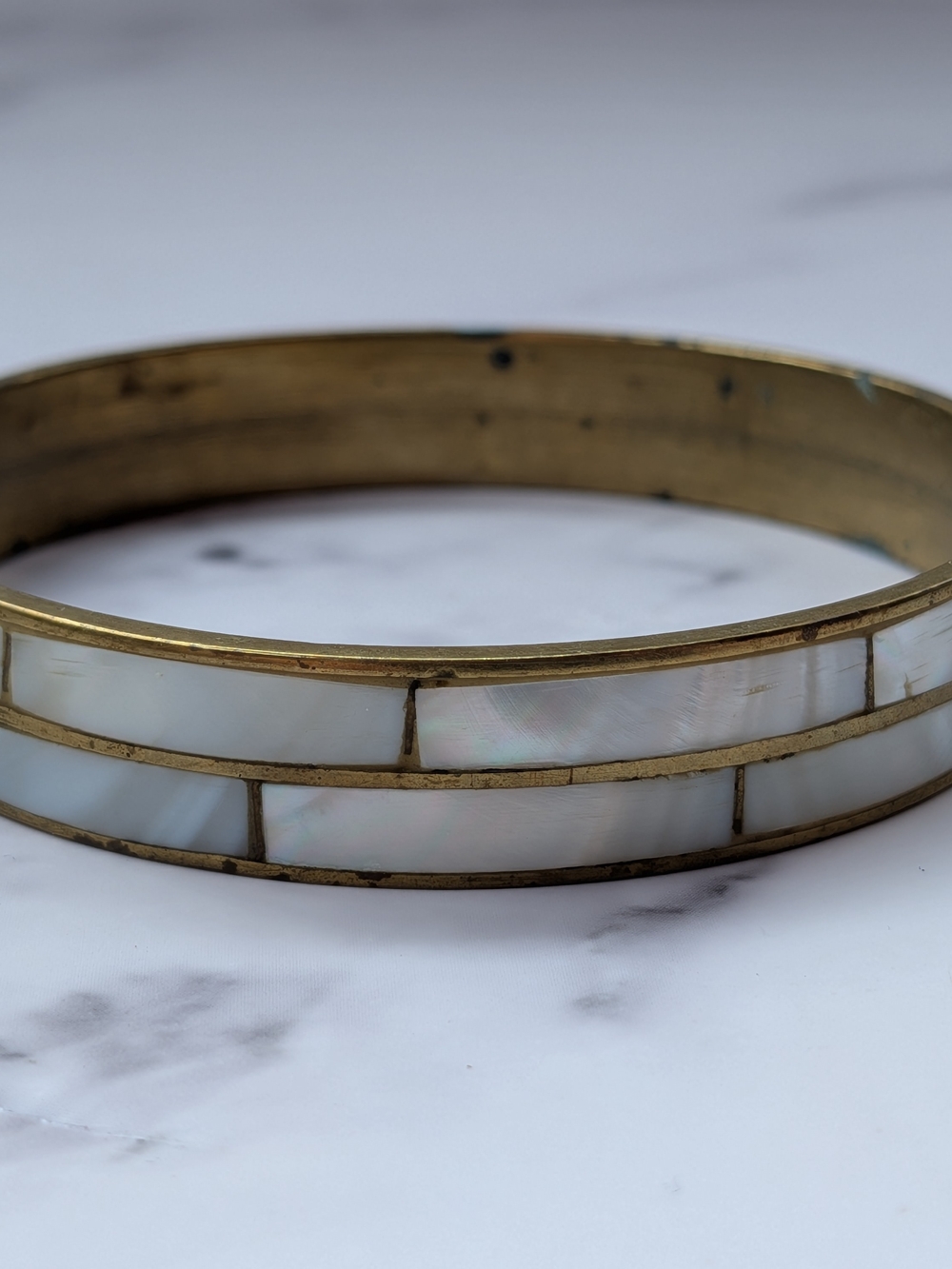 Vintage Brass Mother of Pearl Inlay Bangle Bracelet Boho